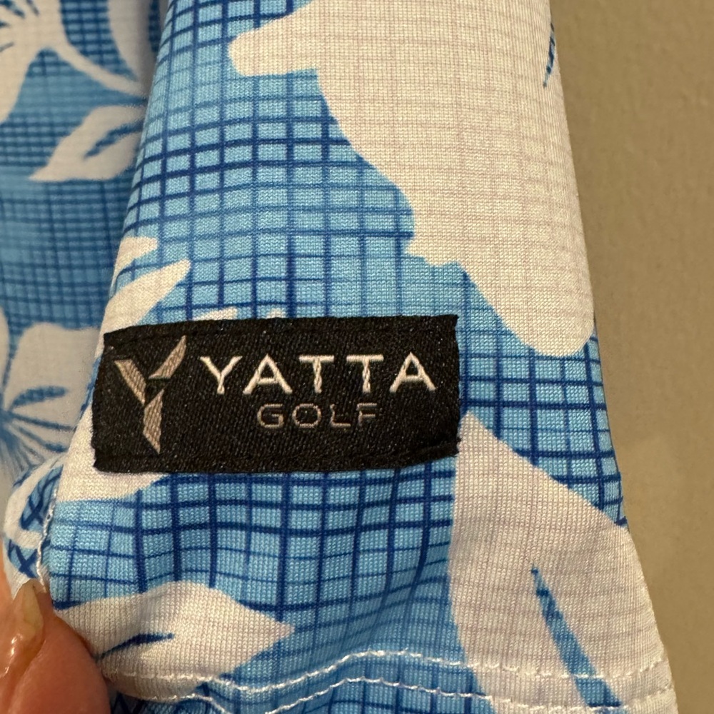 Yatta Men's Blue & White Golf Shirt HAWAIIAN TROPICAL FLORAL POLO Shirt Large - Picture 5 of 8